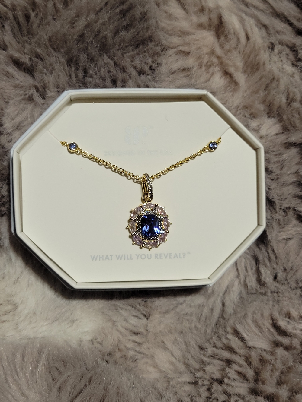 Gold-Tone Necklace with Blue Cushion-Cut Center Stone Pendant